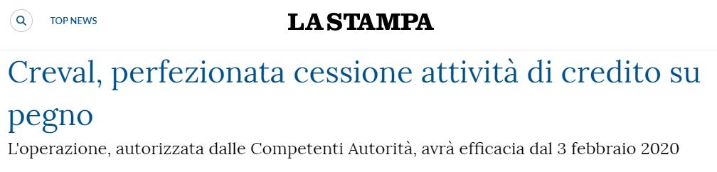 LA STAMPA – Creval, perfezionata cessione attività di credito su pegno